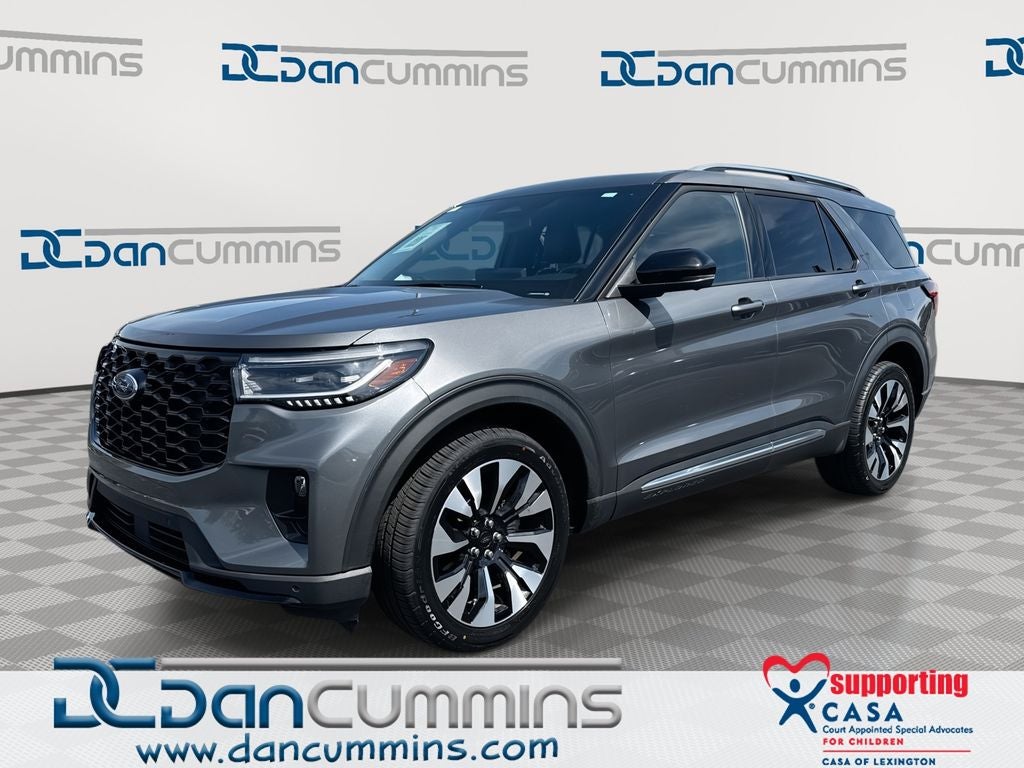 2025 Ford Explorer Platinum in Gray Metallic — front three-quarter view