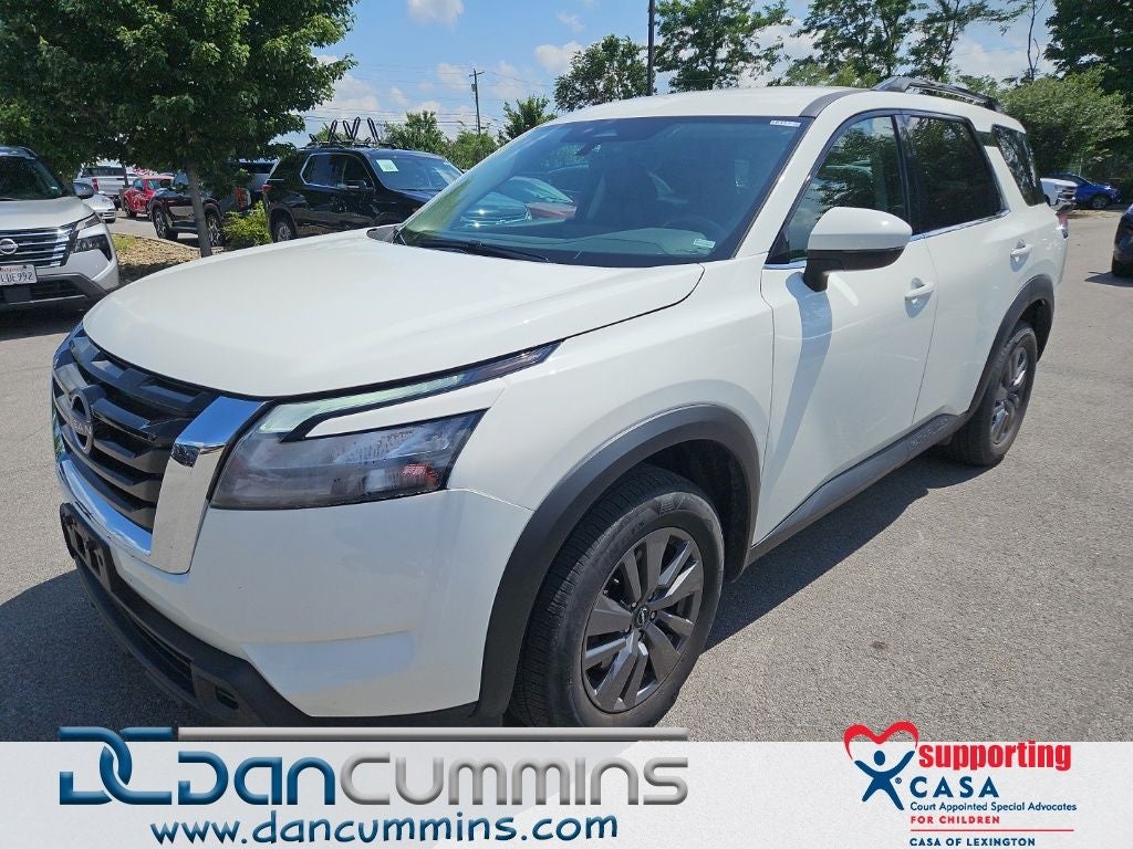 2025 Nissan Pathfinder SV in Glacier White — front three-quarter view